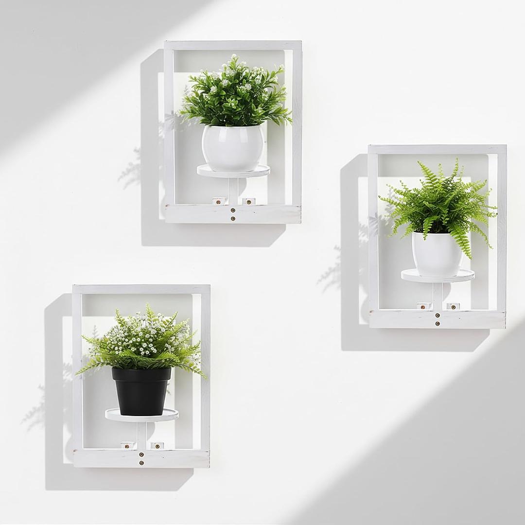 3 Pcs Wall Plant Holder Window Wooden Plant Shelves Photo Frame Planters Pot Holder Indoor Planters Wall Hanging Flower Pot Rack for Home Living Room Bedroom Entrance(Distressed White)