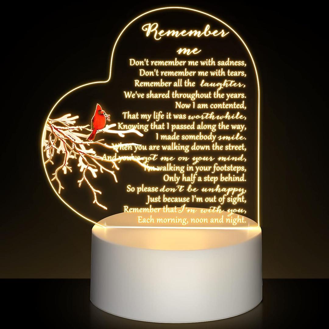Coume Memorial Gift Night Light Clear Crystal Acrylic Heart Sympathy Gifts Sign LED Light Remembrance Bereavement Decor Condolence Present for Loss of Loved One(Red Cardinal Bird Style)