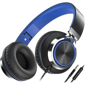 AILIHEN C8 Headphones Wired, On-Ear Headphones with Microphone and Volume Control Foldable Corded Stereo 3.5mm Headset for Smartphones Chromebook Laptop Computer PC Tablets Travel(Black/Blue)