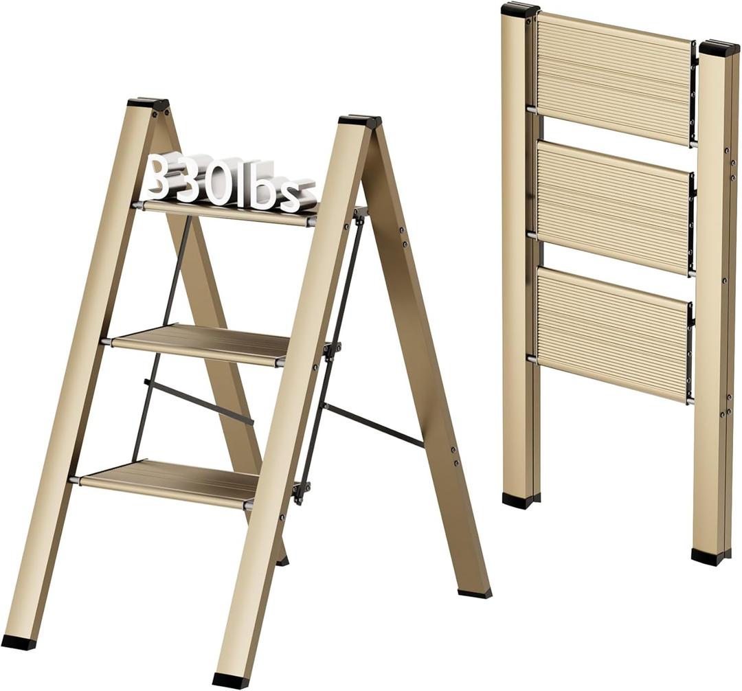 FlyGeneral 3 Step Ladder, Folding Ladder Stool, Gold, Wider Upgraded Non Slip Treads, Portable Lightweight Ladder for Home and Kitchen, Holds up to 330 Lbs.