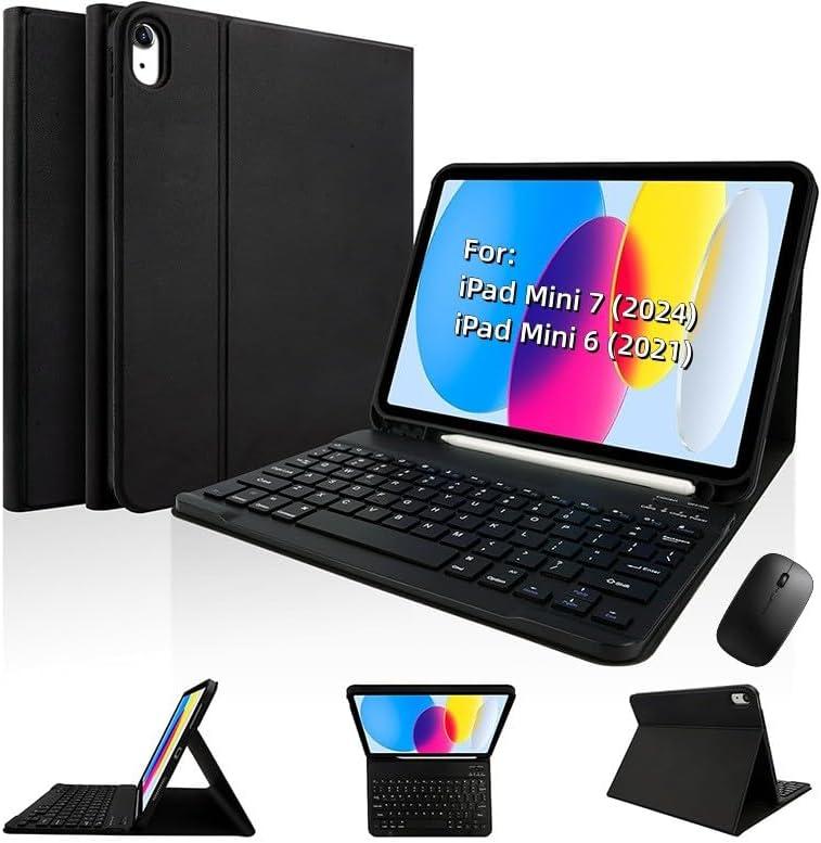 Keyboard Case for iPad Mini 7 (A17 Pro 2024) & Mini 6 (2021) 8.3inch - with Mouse and Magnetically Keyboard, Case with Pencil Holder for iPad Mini 7th / 6th Generation, Auto Sleep/Wake, Black