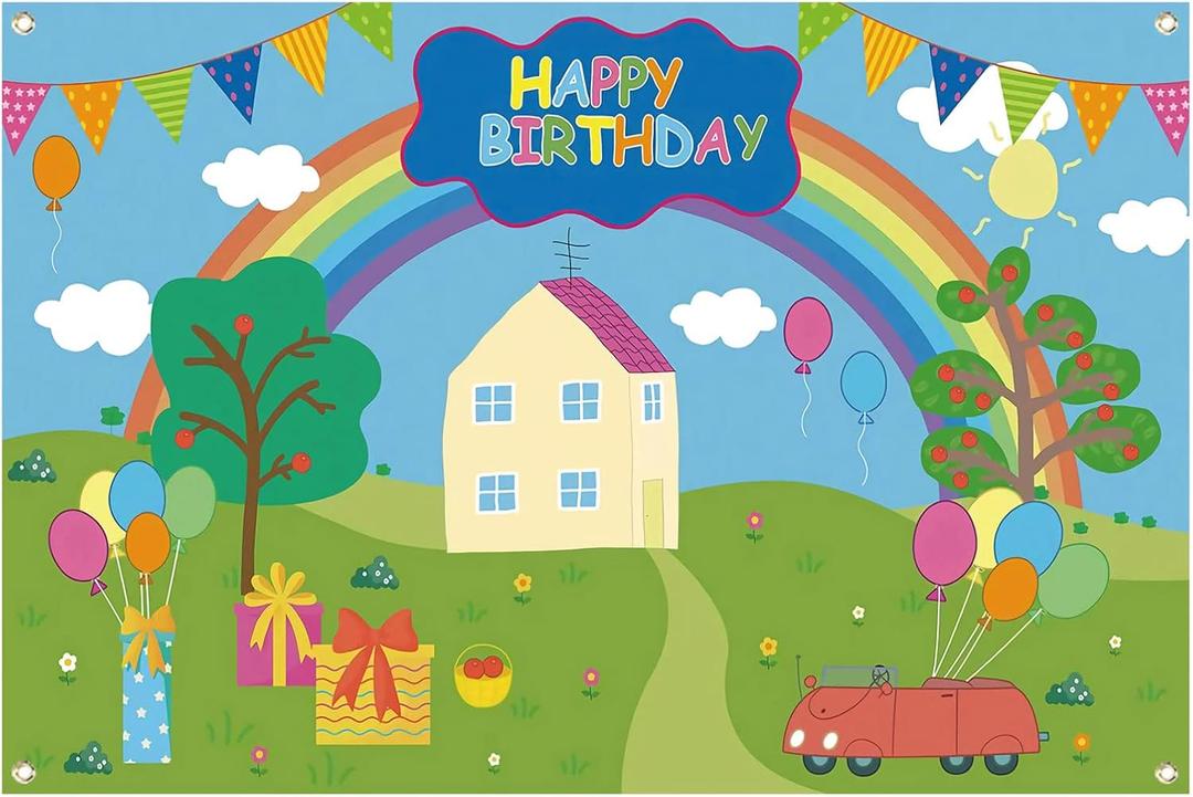 Happy Birthday Backdrop for Boy Girl Pig Theme 7x5ft Durable Fabric - Cartoon Ferris Wheel Rainbow Baby Shower Decorations Photo Studio Photography Background (Blue)