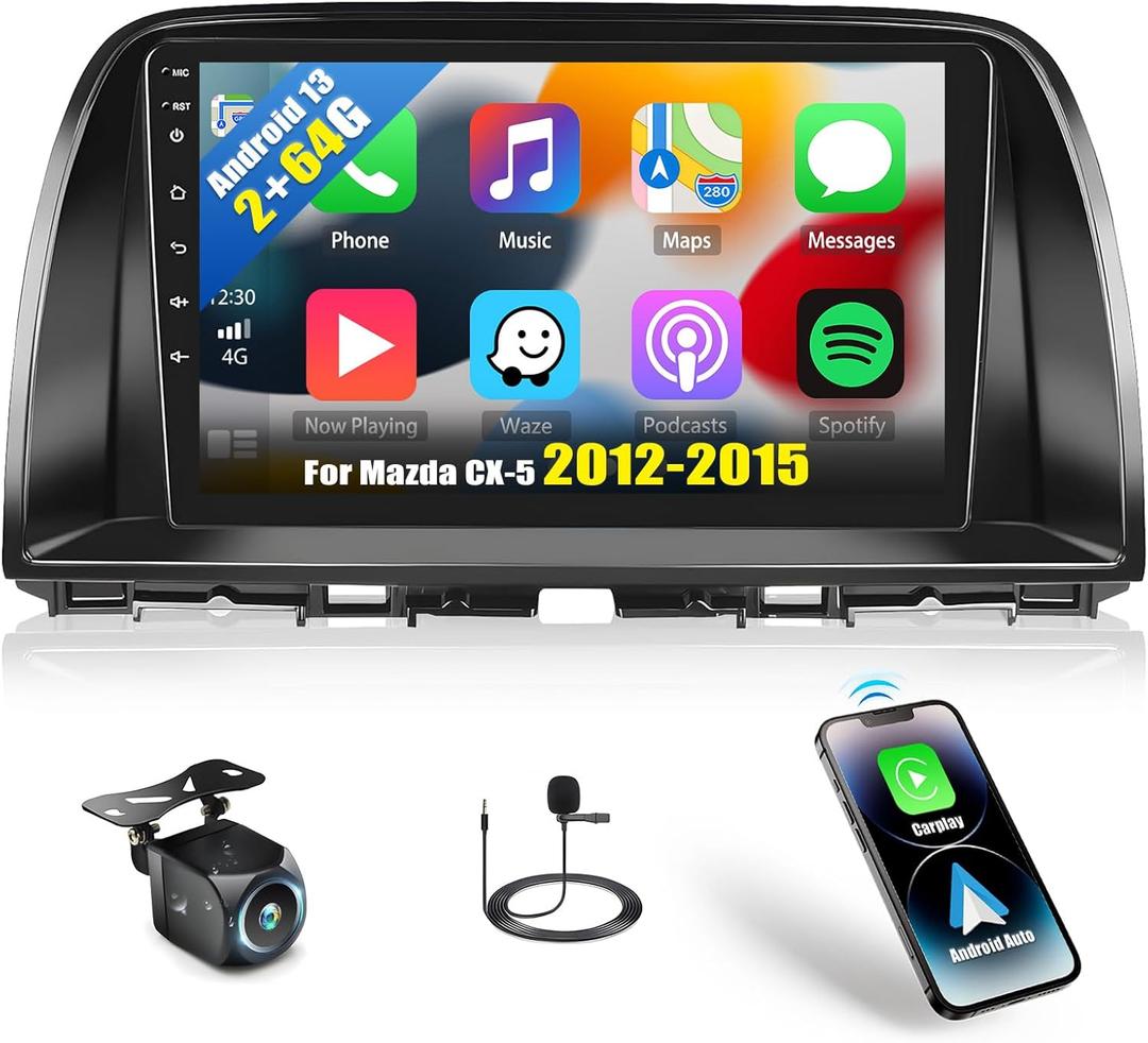 2G+64G Android 13 Car Stereo for Mazda CX-5 2012-2015 with Wireless Apple Carplay Android Auto,9" Touchscreen Car Radio with GPS Navigation,WiFi,Bluetooth,FM/RDS Radio,SWC,HiFi+AHD Backup Camera