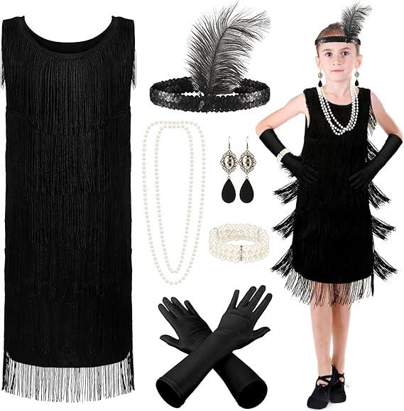 Girls 1920s Flapper Dresses Costume Set Roaring 20s Gifts Accessories Kids Birthday Party, L