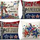 4th of July Memorial Day Pillow Covers 18x18 Inch Set of 4 God Bless America Stars Eucalyptus Flowers Cross USA Flag Patriotic Independence Day Throw Pillow Cases for Sofa Couch Decorations
