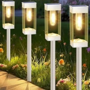 Solar Pathway Lights 8 Pack Solar Outdoor Lights with LED Tungsten Filament Bulb Waterproof Stainless Steel Garden Lighting for Outside Driveway Landscape Lawn Path Christmas (White)