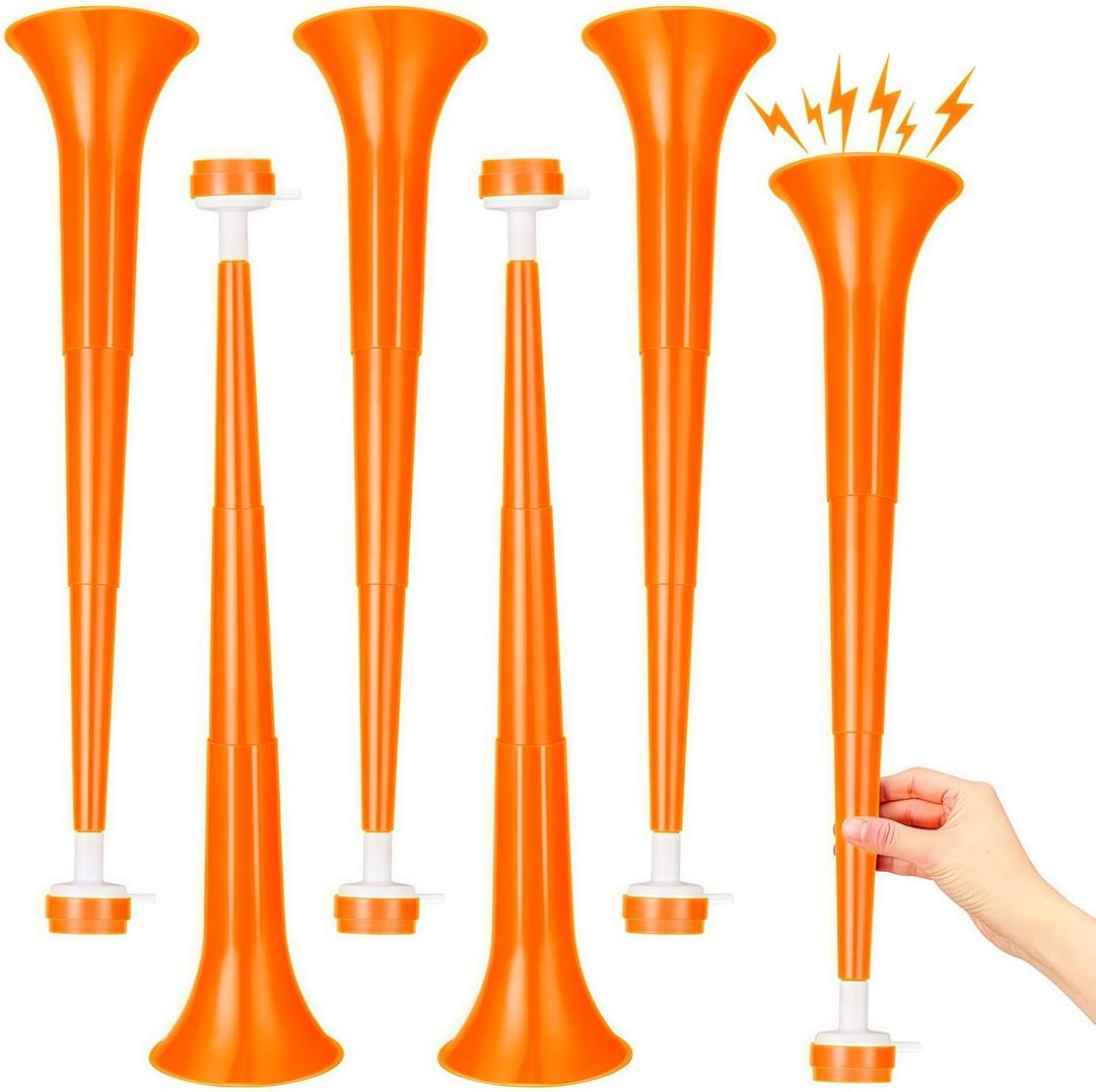 6 Pcs Collapsible Stadium Horn for Adult, 21 Inch, Plastic Vuvuzela Trumpet Noisemakers for Sports Events, Carnivals, Parties, Orange