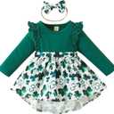 Noubeau Infant Baby Girl St.Patrick's Day Dress Ruffle Long Sleeve Romper Top Lucky Clover Print Skirt Outfits+Headband