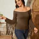 Fringe Tops for Women Western Cowgirl Off The Shoulder Fall Long Sleeve with Tassels Stretchy Crop Shirts Blouses (Brown, XL)