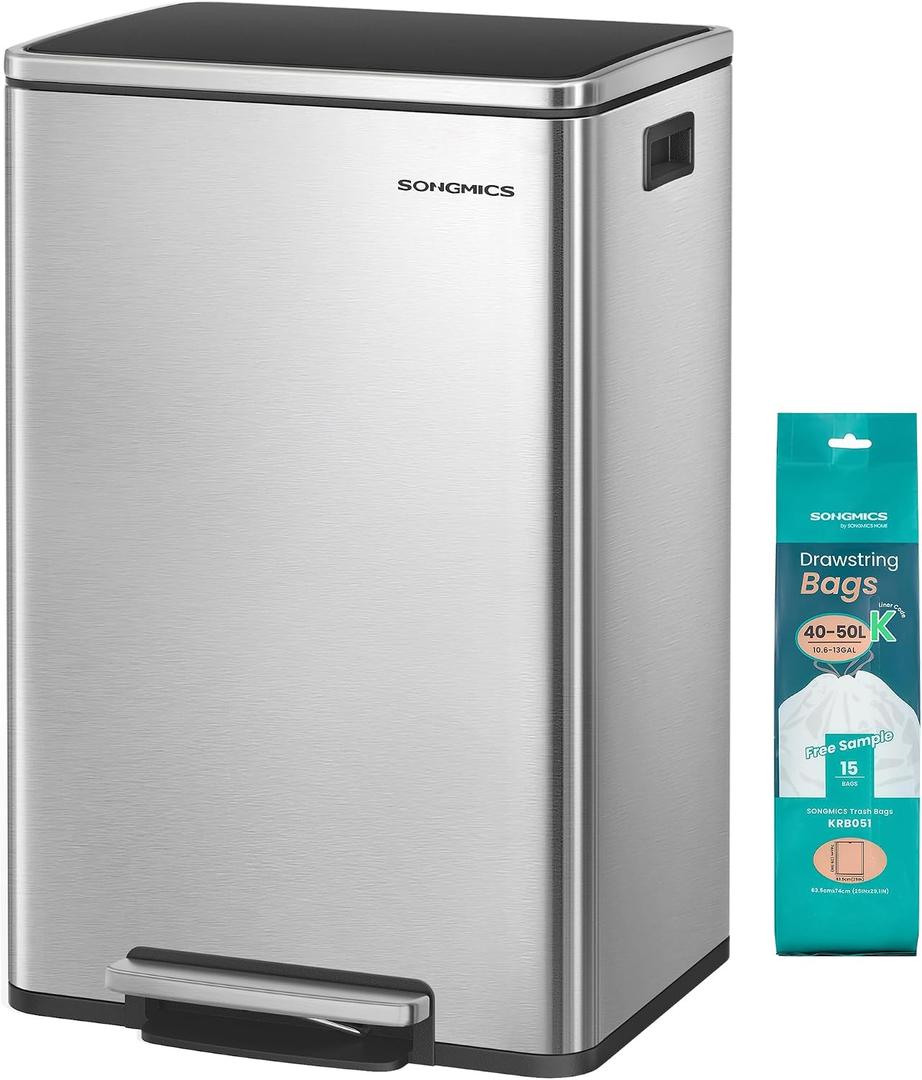 SONGMICS Trash Can, 13 Gallon (50 L), Stainless Steel, Soft-Close Lid