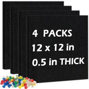 DOLLAR BOSS Felt Cork Board Tiles, 4 Packs 12" x 12" 1/2" Thick Cork Bulletin Board Self Adhesive Acoustic Panels Soundproof Corkboards for Walls with 40 Pushpins for Home Office Kitchen School, Black (4PCS)