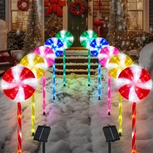 Outdoor Christmas Decorations Solar Pathway Lights, Set of 10 Lollipops Peppermint Stake Lights, 8 Modes Candy Cane Walkside Lights, Outdoor Xmas Decoration for Walkway,Yard (10PCS-Multi)