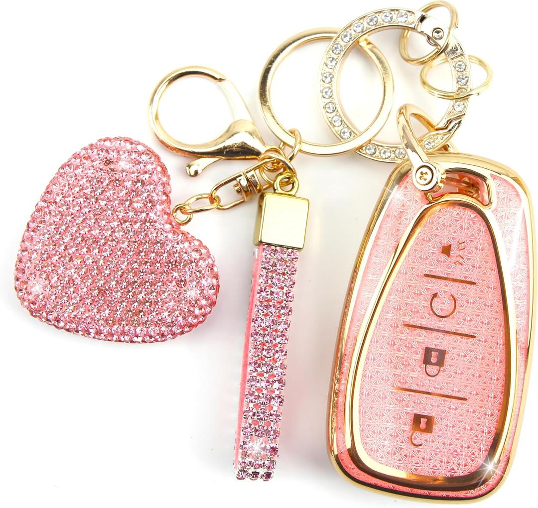 Key Fob Cover with Diamond Keychain for Women Car Key Holder Compatible with Chevrolet Equinox Malibu Cruze Traverse Camaro Trax Blazer Volt Bolt Protector, 4 Buttons (Pink-Heart)