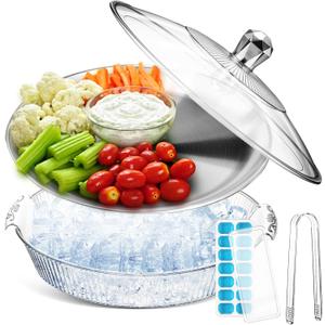 Baderke 1 Set 10" Chilled Serving Tray for Parties with Compartments and Lid Ice Chilled Platter Charcuterie Serving Board for Fruit Seafood Vegetable Appetizer Shrimp Cocktail (Silver)