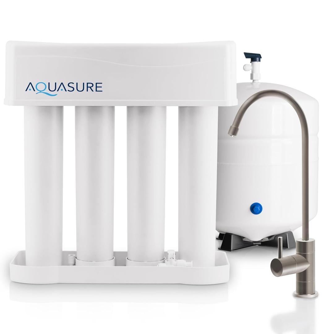 Aquasure Premier 4-Stage RO Reverse Osmosis Under Sink Drinking Water Filtration System | Removes 99% of Contaminants | 75 GPD, Leak-Proof, Quick Change Filters, with Tank & Brushed Nickel Faucet