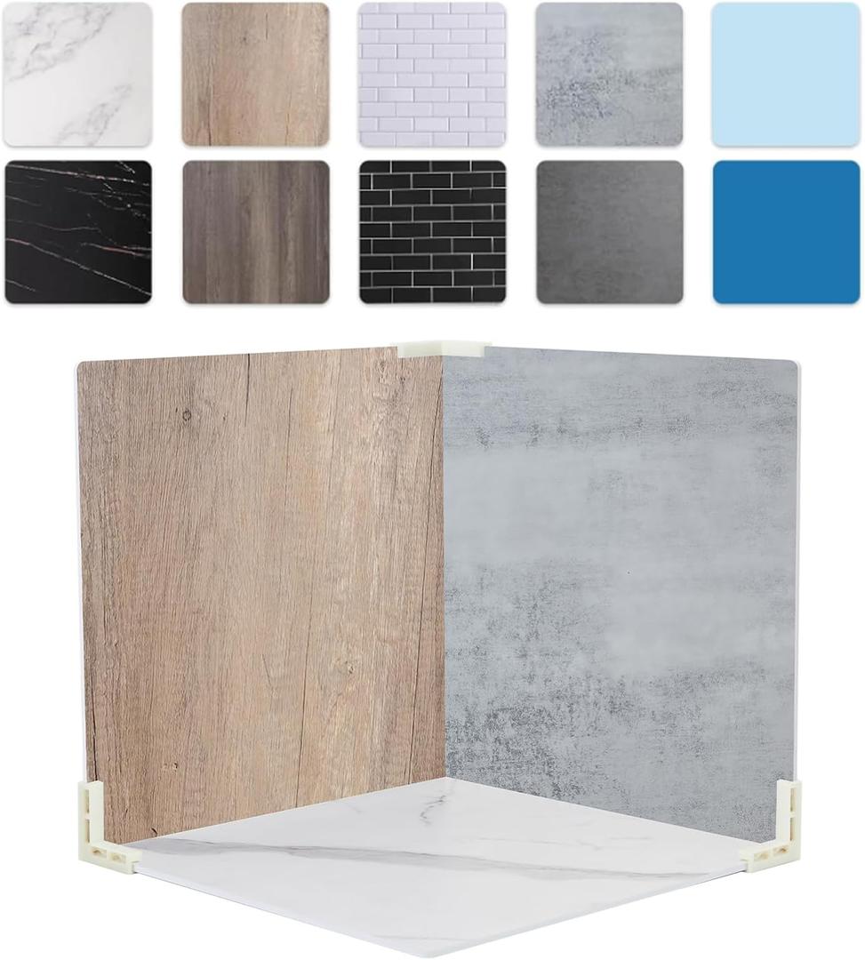 5PCS Double Sided 10 Patterns Photography Backdrop Boards, 16x16 Inch Waterproof Background Surface with 4 Brackets, Cement Marble Wood Brick Texture Backdrop for Food Jewelry Shooting