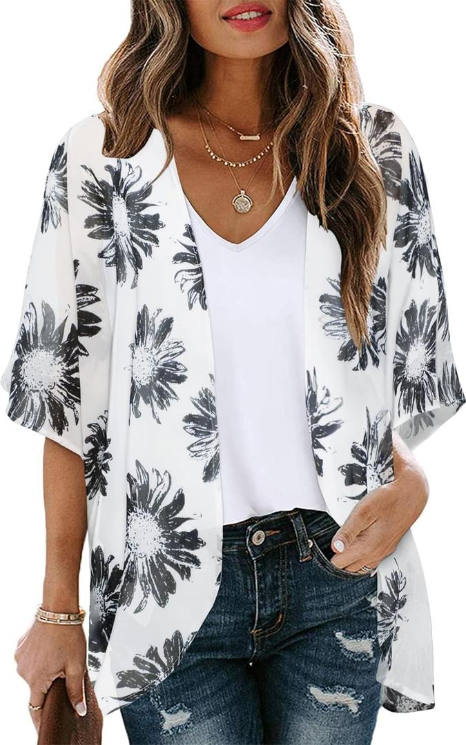 Women's Floral Print Puff Sleeve Kimono Cardigan Loose Cover Up Casual Blouse Tops (XX-Large)