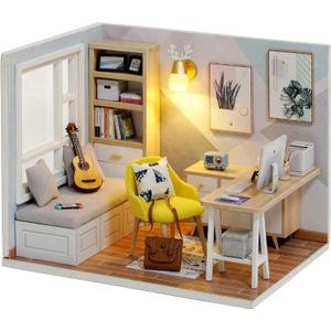 CUTEROOM DIY Doll Room Miniature Furniture Wooden House Kit - Wooden Dolls House Kit with Dust Cover & LED Light and Accessories - QT Series Dollhouse