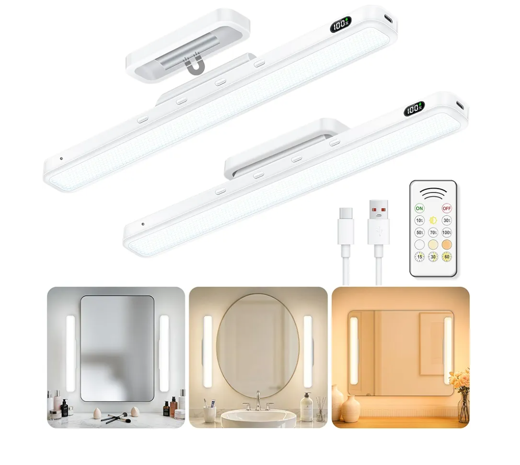 WILLED 3W Rechargeable Vanity Lights for Mirror with Remote Control，Eye-Friendly Mirror Lights Stick on,Adjustable Color Temperatures Makeup Light with Battery Display for Bedroom, Bathroom(2 Pack