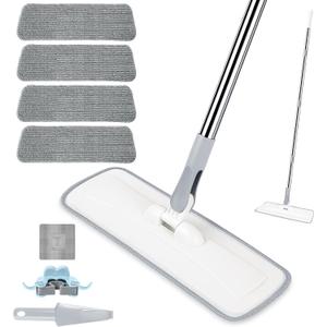 wlich Microfiber Mop for Cleaning Floors,55 Inch Extendable Flat Mop with 4 Reusable Washable Pads, 1 hook, 1 wall piece, and 1 scraper, Wet Dry and Dust Mops for Bathroom Kitchen, Floor,Ceramic Tiles (White+Grey)