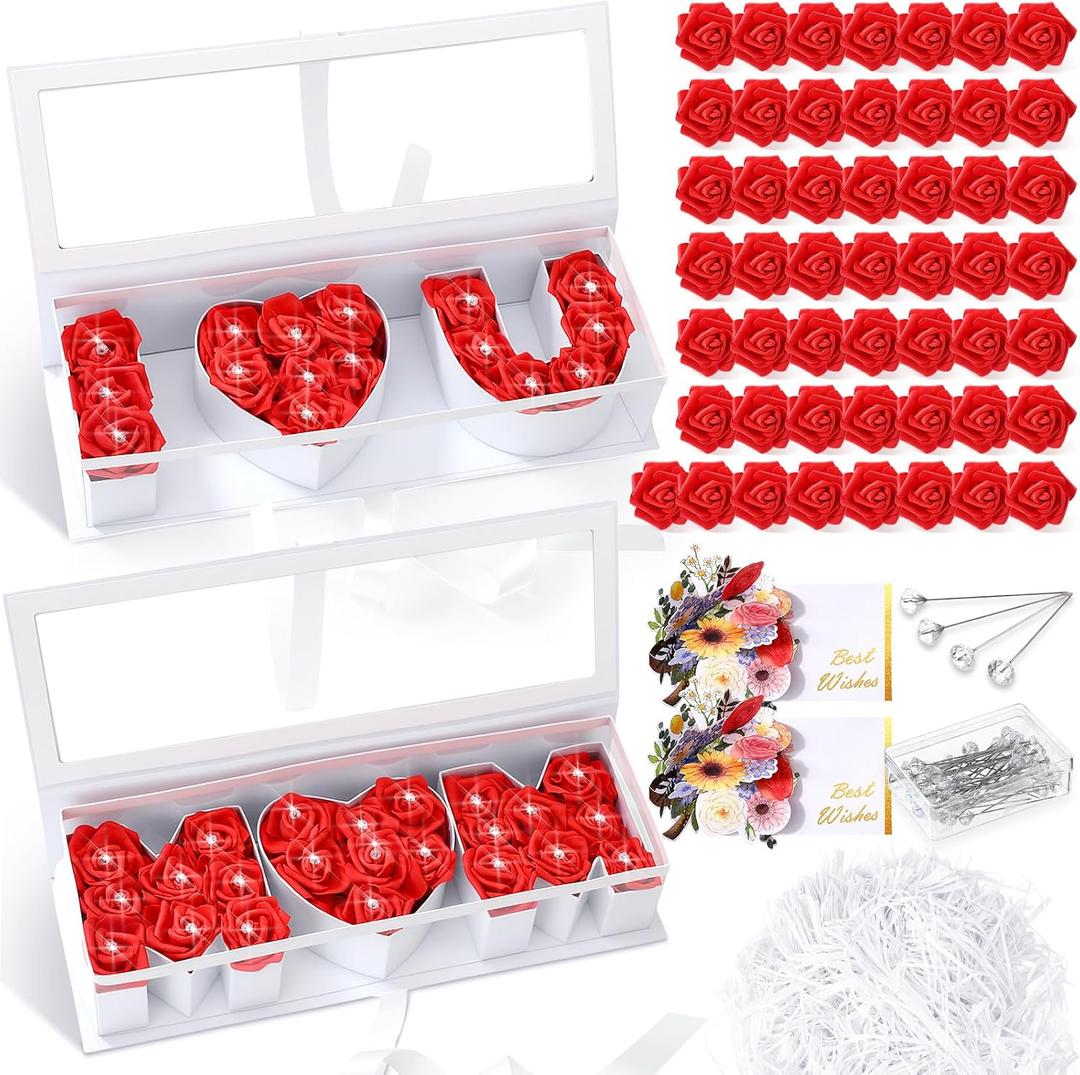 Fuyoooo 2 Set I Love You and Mom Letter Boxes Empty for Mothers Day DIY Fillable Chocolate Candy Flower Gift Packaging 17.52x6.1x3.82 Inch with 50 Roses 50 Bouquet Pins 2 3D Greeting Cards(White), 1 Count