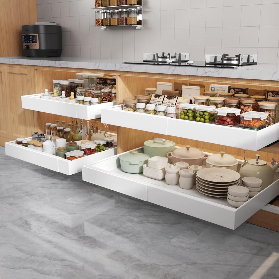 Seinloes 4 Pack Pull Out Cabinet Organizers 21" Deep With Raising Pad for Framed Cabinets, Expandable Width (15.2"-26.3") Slide Out Drawers Upgrade 3 Slide Rails, Roll Out Shelves Adhesive, White