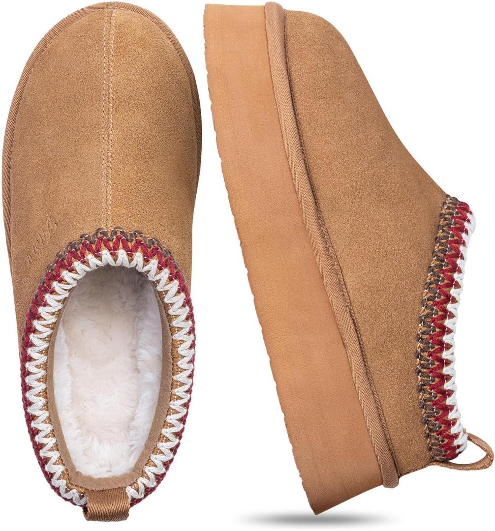 FITORY Womens Platform Slippers, Suede Ankle Boots with Fleece-lined for Indoor Outdoors 7 Chestnut