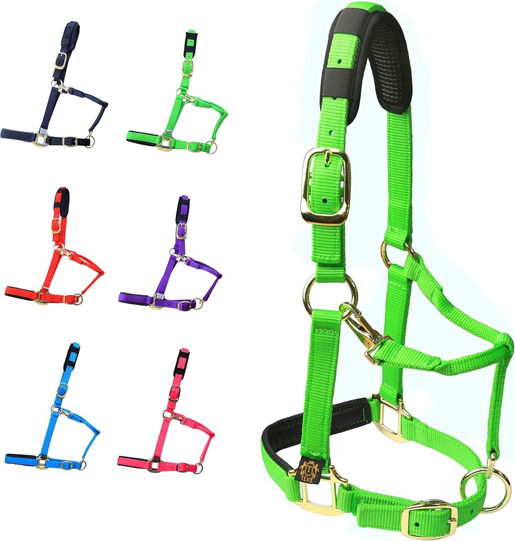 T TEKE Adjustable Horse Halters by Heavy Duty Soft Nylon, Padded with Anti-rubbing Waffle Neoprene on Both Crown & Nose (Green)