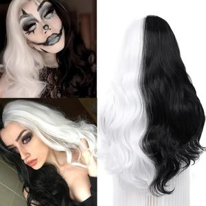 Fancy Hair Half Black Half White Long Curly Wavy Wigs Synthetic Long wavy Wig Daily Party Cosplay Wigs for Black Women 26"