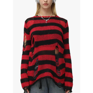 Goth Y2K Striped Sweater Women Ripped Punk Gothic Knitted Baggy Sweaters Harajuku Aesthetic Halloween Pullover Tops, Large