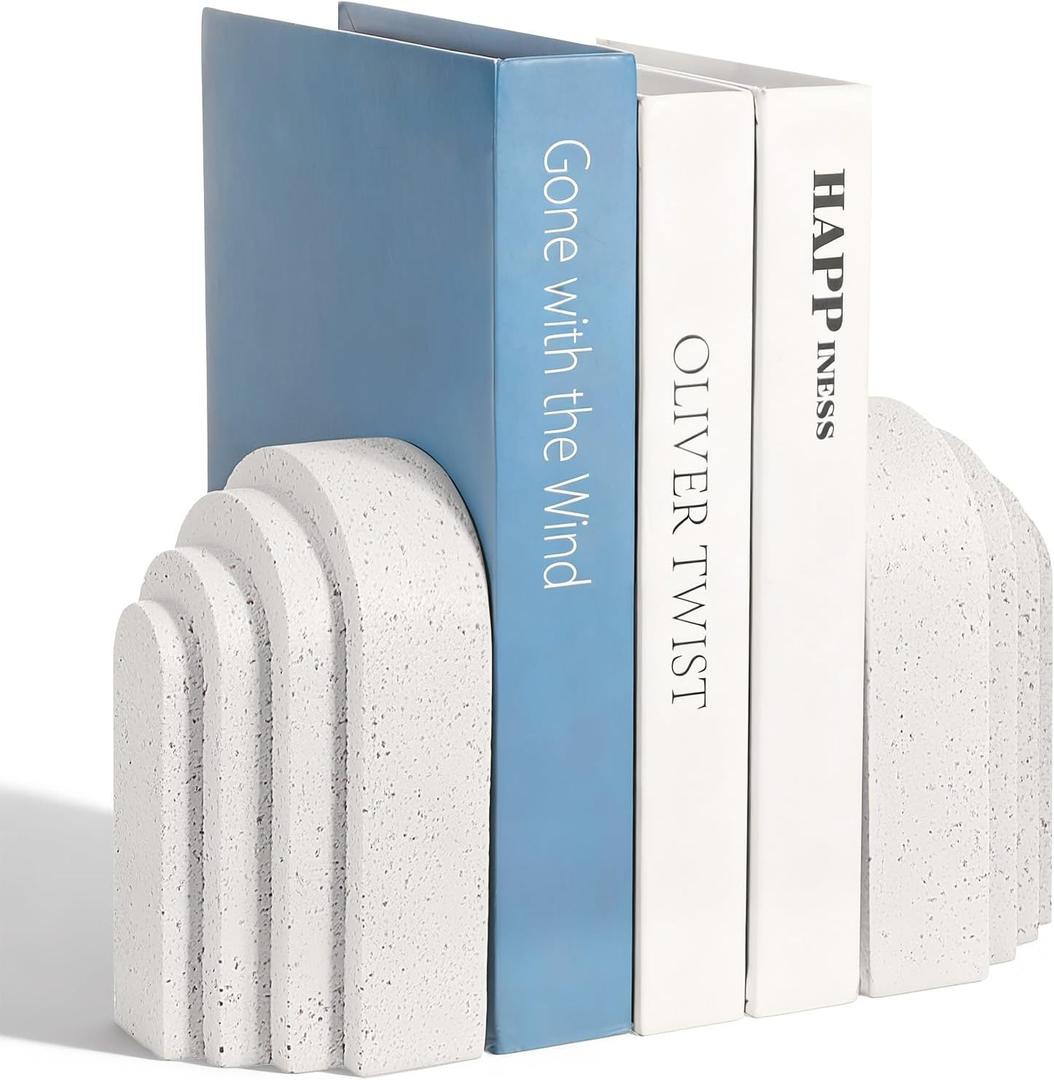White Bookends Book Stopper for Heavy Books Decorative Set of 2 Aesthetic Book Ends Heavy Duty Modern Shelf Decor for Bookshelf Bookcase Office Home Decor Arch Design
