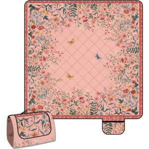 80"x80"Cute Pink Picnic Blanket Waterproof Extra Large Outdoor SandProof ,3-Layer Fabric Beach Picnic Mat Washable Foldable & Portable for Family Camping, Park, Travel, Grass Lawn-Boho Pink Floral