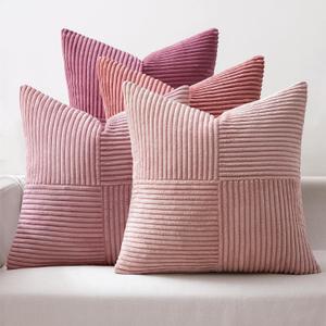 MIULEE Pink Spring Throw Pillow Covers 16x16 Inch Set of 4 Boho Farmhouse Cushion Cases Decorative Gradient Pillow Cases Corduroy Striped Home Decor for Couch Sofa Living Room Bed Valentine Decor
