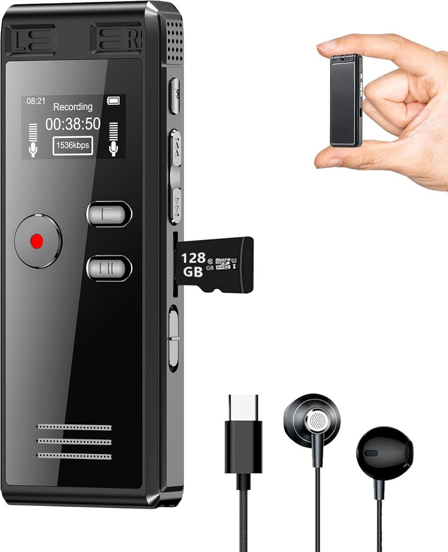 128GB Digital Voice Recorder With Playback - 3072 Kbps HD Voice-Activated Recording and Noise-Canceling, Audio Device for Lectures Meetings, A-B Repeat, MP3 Player