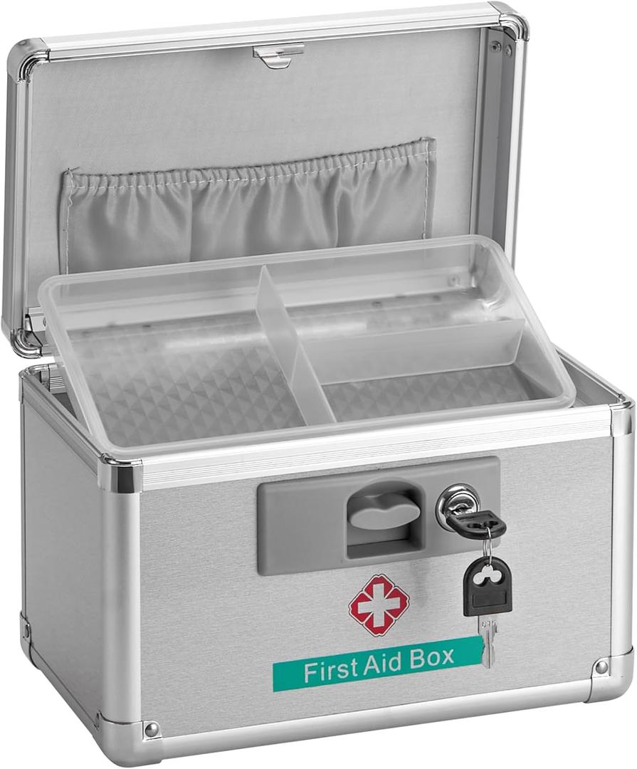 Medicine Lock Box for Safe Medication - 10 x 6 x 6.7 Inches - Lockable Storage Box for Drugs, First Aid Kit Empty, Lock Boxes with Key for Home/Outdoor (Silver/Small