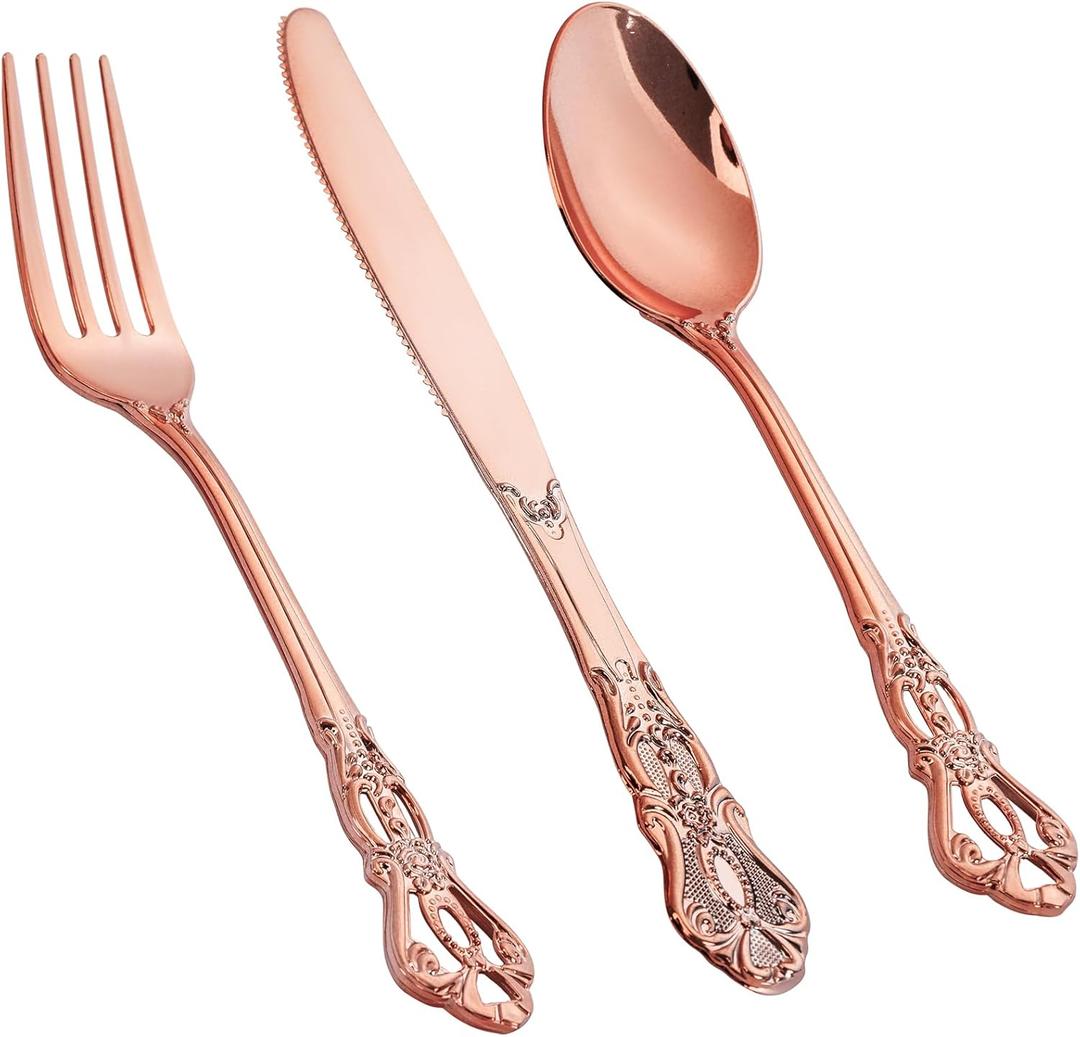 300PCS Rose Gold Plastic Silverware - Heavy Duty Elegant Disposable Utensils - Vintage Rose Gold Cutlery Set Includes 100 Forks, 100 Spoons, 100 Knives for Dinner Parties Weddings Mother's Day