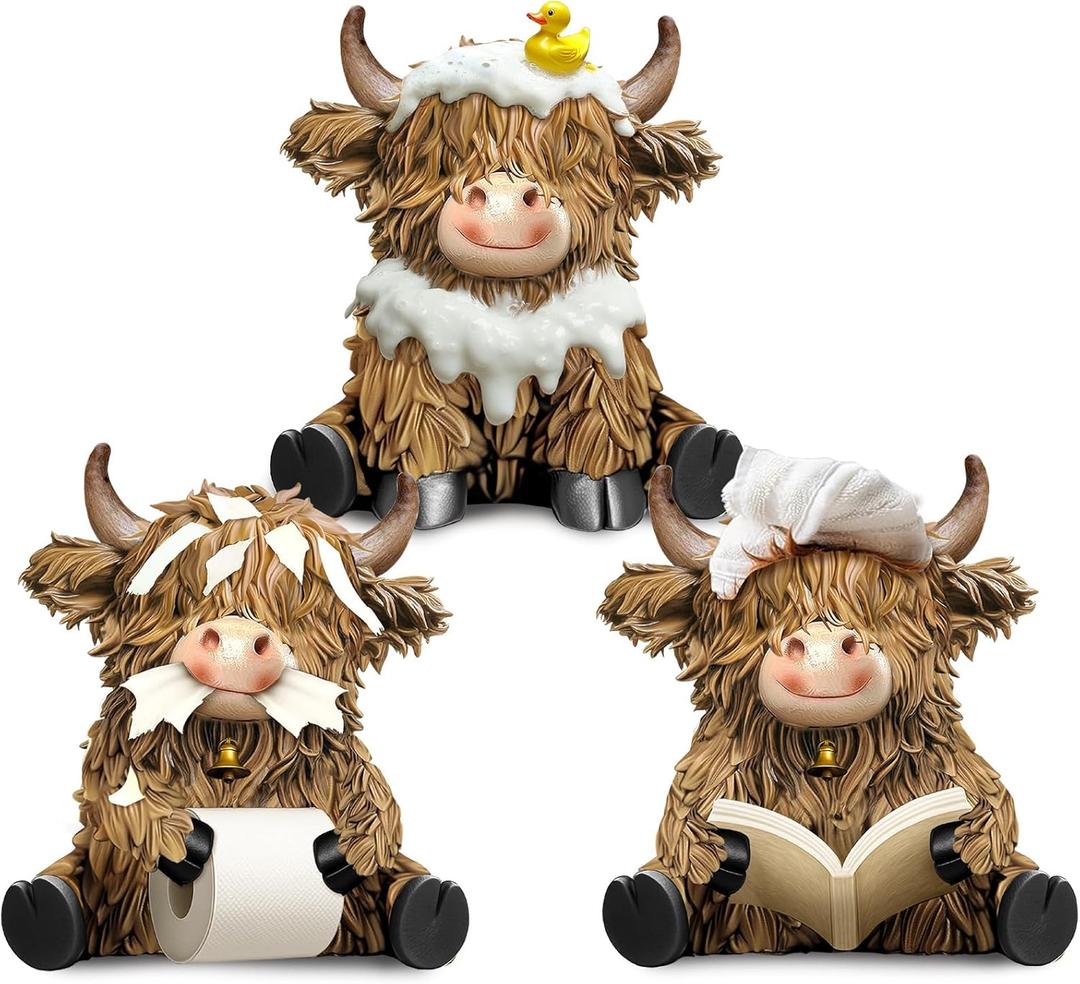 3 Pcs Highland Cow Bathroom Figurines Bathroom Theme Highland Cow Gnomes Bath Decor Resin Statue Calf Lovers Gifts for Farmhouse Home Garden Kitchen Office Tiered Tray Table Decor