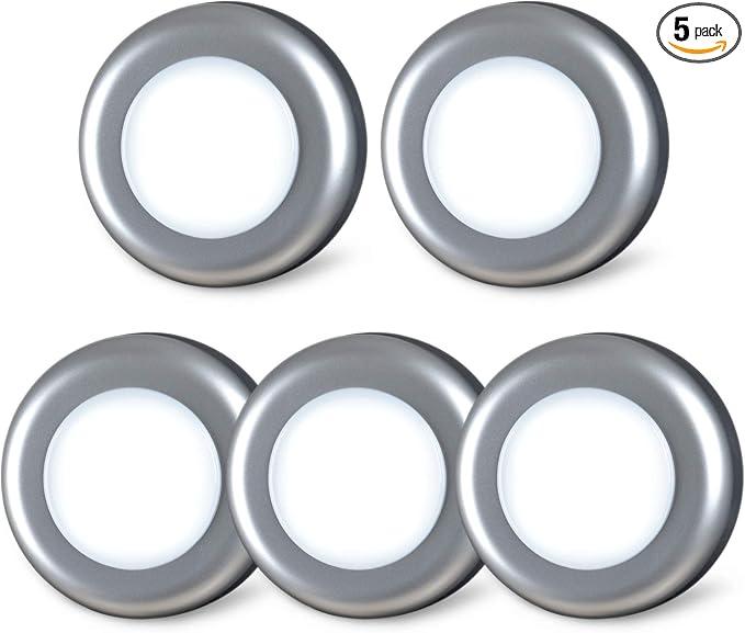 STAR-SPANGLED 5 Pack 2.8” Push Tap Lights, Stick on Touch Puck Lights AAA Battery Operated, LED Sticky Button Lights for Classroom, Kitchen, Under Cabinet, Closet (Sliver, Cool White)
