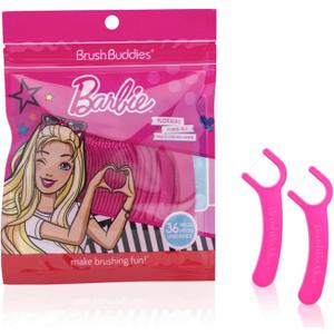 9 x Brush Buddies Barbie Kids Flossers, 36 Count, Pink Dental Floss Picks for Children, Bubble Gum Flavor, Fun Oral Care, Easy Grip, Tooth Cleaning, Toddler Dental Flossers, Barbie Themed.