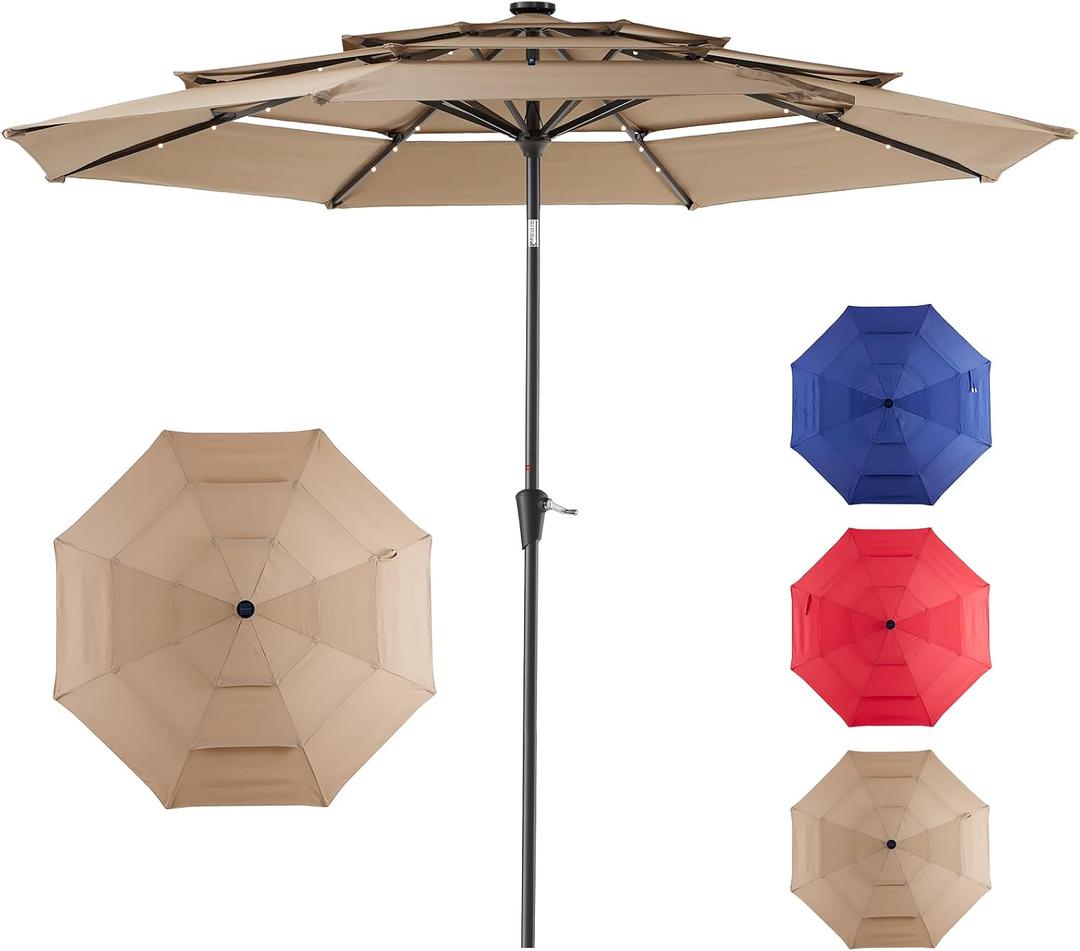 NEWBULIG 10ft Solar Patio Umbrella with 32 LED Lights, Table Market Umbrella with Tilt Adjustment & Crank Lift, Outdoor Sun Umbrella for Garden, Deck, Backyard, Pool and Beach