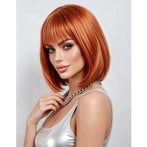Rugelyss Auburn Bob Wig with Bangs 14 Inches Short Ginger Synthetic Hair Wigs for Women for Halloween and Cosplay Costume Party