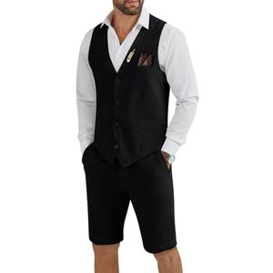 Tiefony Men's Linen 2 Piece Suit Slim Fit Wedding Groom Groomsmen Summer Vest Shorts Set, XL