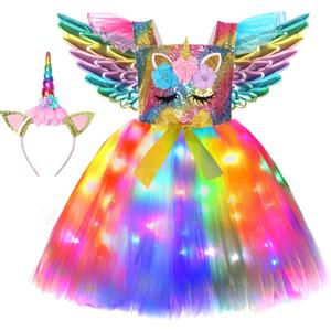 Cuteshower Unicorn Tutu Costume for Girls Halloween LED Light Unicorn Dress Birthday Party Outfit Princess Dress with Wings Rainbow (5-6 Years) 