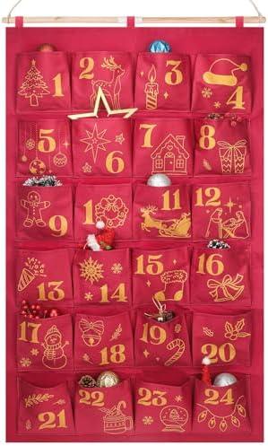 HOWAF Red Gold Fabric Christmas Advent Calendar with Pockets (Countdown to Christmas), 24 Days Mystery Christmas Countdown Calendar for Xmas Holiday Home Wall Decoration