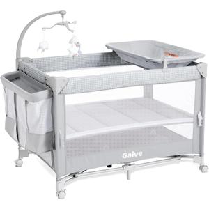 Baby Bassinet Bedside Crib, Pack and Play with Mattress, Diaper Changer, One-Push Setup Playards from Infants to Toddlers (Grey) (Light Gray)