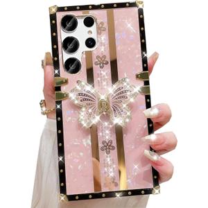 for Samsung Galaxy S25 Plus Glitter Kickstand Case, Cute 3D Bling Sparkly Butterfly Foldable Stand Elegant Floral Marble Mirror Shockproof Women Girls Protective Case for Galaxy S25 Plus,Pink