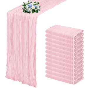 12 Pack Light Pink Cheesecloth Table Runner 17x108 Inch Semi Sheer Boho Gauze Cheese Cloth Fabric Table Runners, for Wedding Party Baby Shower Birthday Home Decor Garden Farmhouse