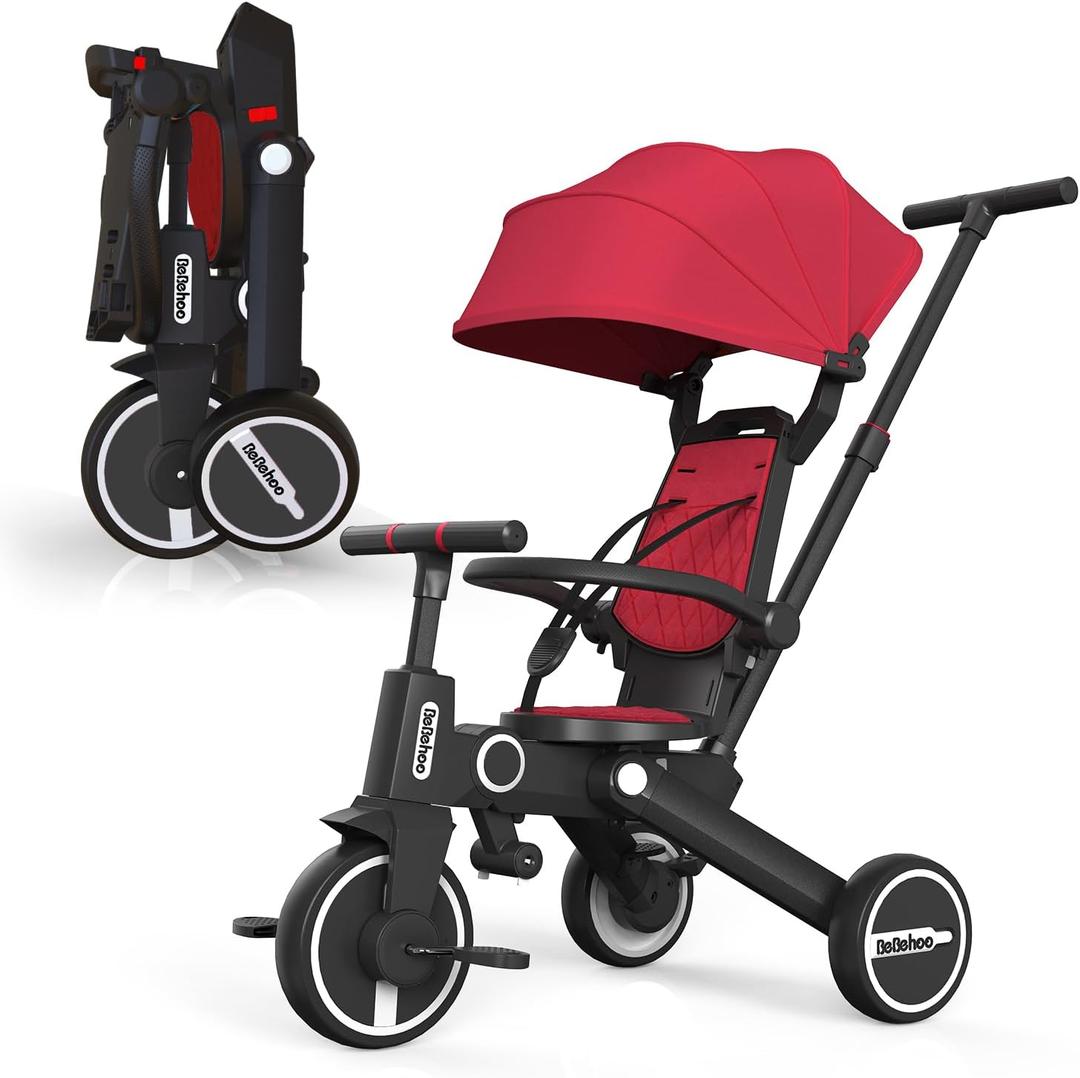 Tricycle Stroller for Toddler,Foldable Baby Tricycle,Kids Balance Bike with Push Handle,Toddlers Stroller Bike with 1 to 5 Years,7-in-1 Push Tricycle Bike for Kids (Red), Middle