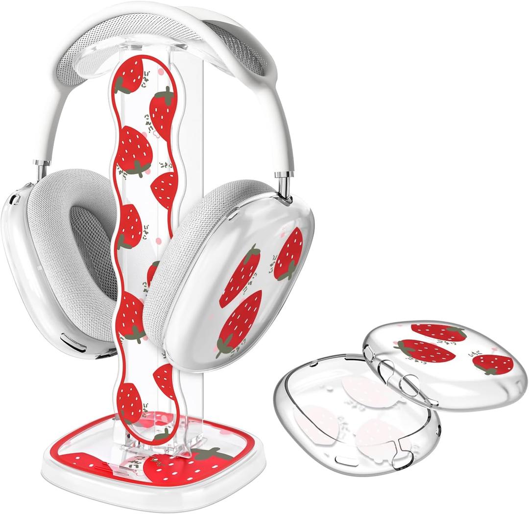 CamyCosy Headphone Stand Gaming Headset Holder with Silicone Ear Pad/Ear Cups Case for AirPods Max Headphones, Strawberry Pattern Clear Headset Stand Accessories for Desk