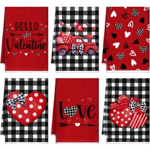 6 Pcs Valentines Day Kitchen Towels Buffalo Plaid Dish Towels Truck Hand Towels Heart Love Dish Towel Black Red Drying Tea Towel Bathroom Housewarming Gifts for Wedding Anniversary Cooking